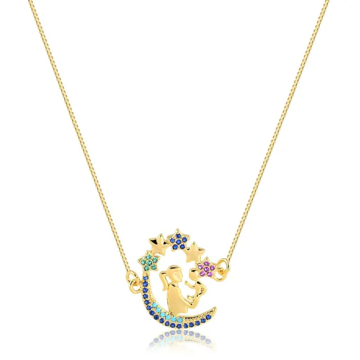 Colar com Pingente de Lua e Estrela com Mamãe e bebê