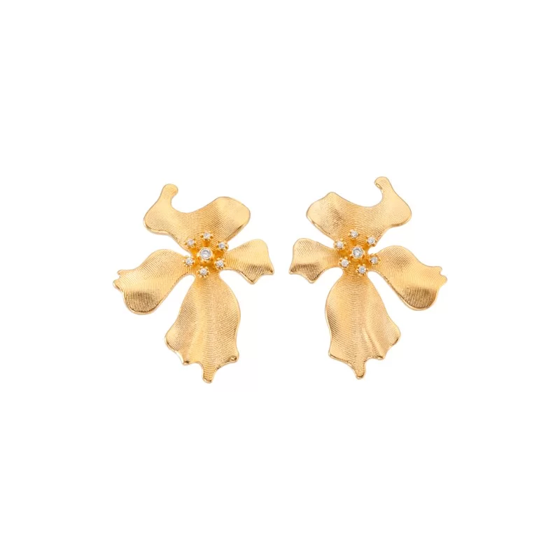 Brinco Flor estilizada escovada com zircônia miolo