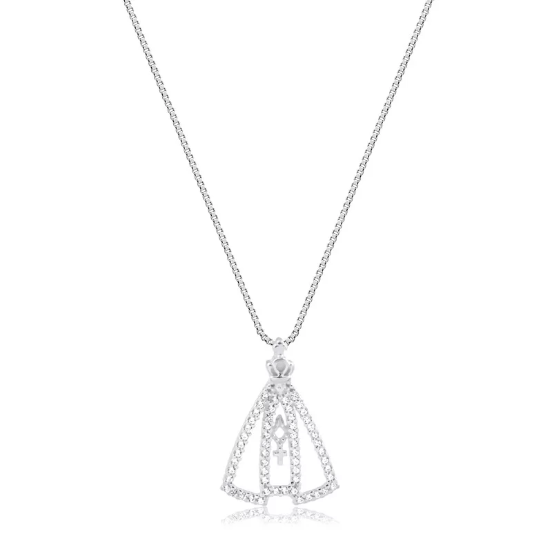 Colar com Pingente de Nossa Senhora com zircônias em Prata